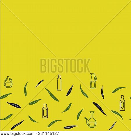 Greek Style Bottles, Jars, Olive Leaves On Yellow Background