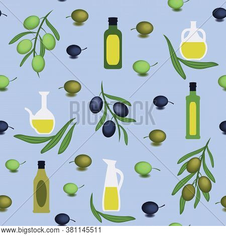 Greek Style Bottles, Jars, Olive Branches On Blue Background