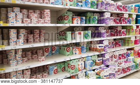 Shelves With Toilet Paper In A Supermarket During The Coronavirus Etidemia