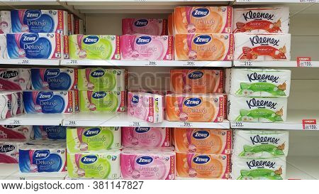 Russia, St. Petersburg 15.03.2020 Shelves With Toilet Paper In A Supermarket During The Coronavirus 