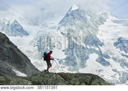 Horizontal Snapshot Of Amazing, Rocky Mount Ober Gabelhorn In Snow In The Pennine Alps In Switzerlan