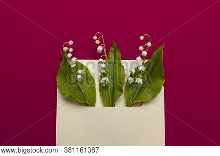 May Fresh Lily Of The Valley In A Mail Envelope On A Red Background. Wedding Invitation Concept, Rom