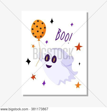 Halloween Cartoon Greeting Card Or Nursery Poster - Cute Ghost With Orange Balloon And Creepy Face O