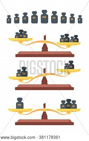 Scales With Weights Set. Measuring Equipment Of Various Sizes Metal Retro Equipment For Trade Calibr