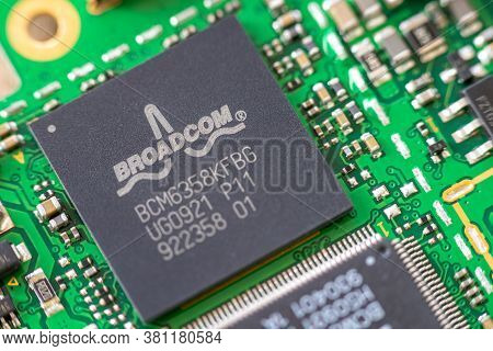 Timisoara, Romania - April 05, 2020: Close-up Of A Broadcom Bcm6358kfbg Network Controller. Electron