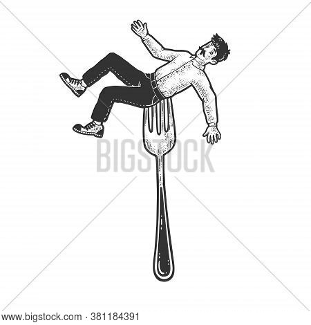 Man Strung On Fork Sketch Engraving Vector Illustration. T-shirt Apparel Print Design. Scratch Board
