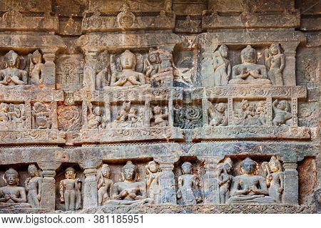 Buddhist Carving At Ajanta Caves Near Aurangabad City In Maharashtra State Of India
