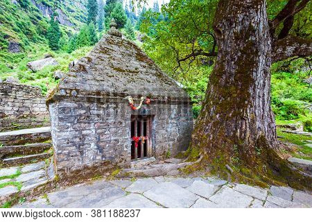 Shiva Temple Near Yogini Waterfall Near Vashisht And Manali Village In Himachal Pradesh In North Ind