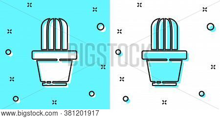 Black Line Cactus And Succulent In Pot Icon Isolated On Green And White Background. Plant Growing In