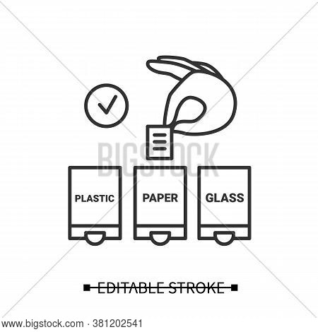Waste Sorting Icon. Han Putting Paper In Trash Container Linear Pictogram. Concept Of Recycling, Gar