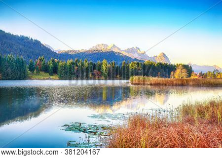 Awesome View Of Wagenbruchsee (geroldsee) Lake With Zugspitze Mountain Range On Background. Location