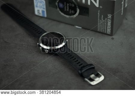 Bangkok, Thailand - August 17, 2020 : Smart Watch Brand Of Garmin Forerunner 645 On Black Background