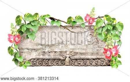 Ancient stone with bas-relief, flower, lianas and leaves of tropical plant. Jungle stone sign. Isolated on white background. Mock up template. Copy space for text