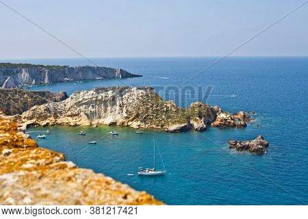 View of the Tremiti Islands. San Domino island, Italy: scenic view of tipycal rocky coastline. Adriatic Sea. Puglia, Italy.