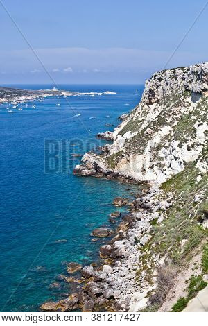 View of the Tremiti Islands. San Domino island, Italy: scenic view of tipycal rocky coastline. Adriatic Sea. Puglia, Italy.
