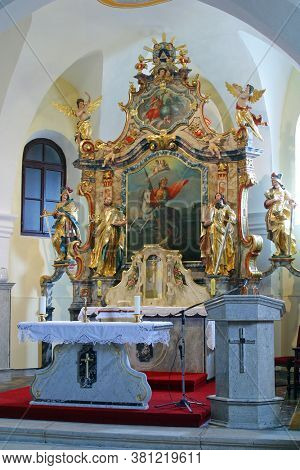 KLANJECKO JEZERO, CROATIA - NOVEMBER 06, 2013: High altar in the chapel of Saint George at the Lake in Klanjecko Jezero, Croatia