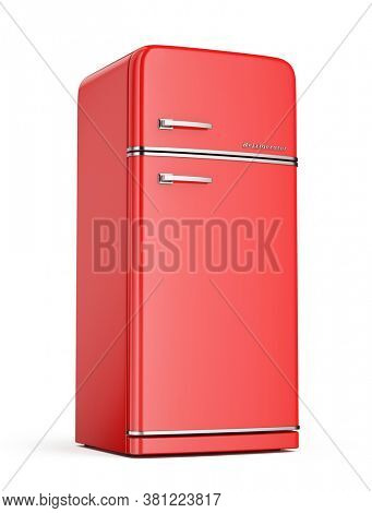 Retro Red Refrigerator isolated on white. Fridge Freezer. 3d rendering
