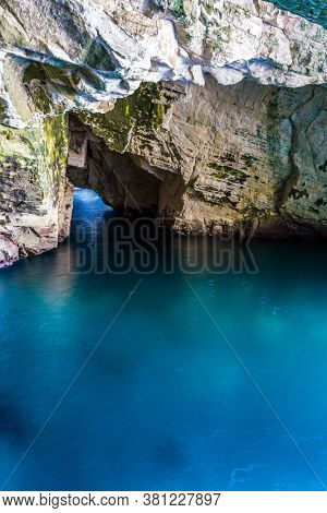 Grottoes Rosh-ha-Nikra - geological formation in northern Israel, on the border with Lebanon. The color of sea water changes from azure to dark blue. The concept of environmental and photo tourism