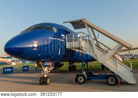 August 30, 2019. Zhukovsky, Russia. Russian Short-range Narrow-body Passenger Aircraft  Sukhoi Super
