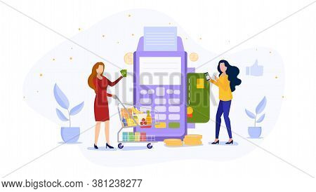 Vector Illustration Concept Of Terminal For Credit Card. Women Using Wireless Mobile Payment By Cred