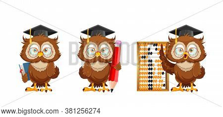 Cute Wise Owl, Set Of Three Poses. Funny Owl Cartoon Character Holding Book, Holding Big Pencil And 