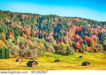 Fantastic View Of Alpine Valley With Wooden Huts  Near Wagenbruchsee (geroldsee) Lake . Location: Ge