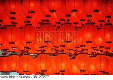 Japan Travel Destinations. Variety Of Traditional Japanese Red Lanterns Hinged Indoors. Horizontal I