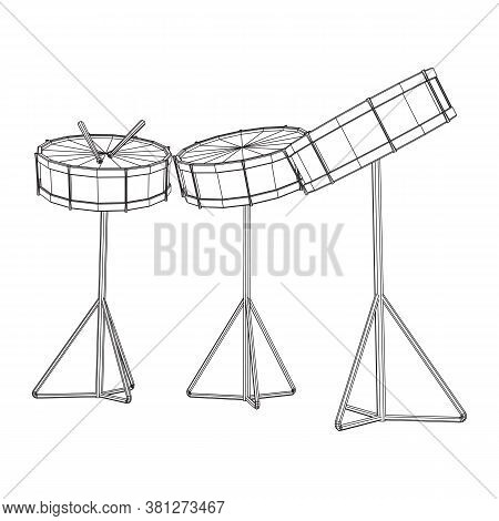 Musical Instruments Set. Rock Band Kit. Percussion Musical Instrument Drum And Stick. Wireframe Low 