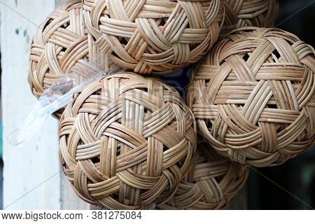 Rattan Ball Hanging In A Bunch, It Is A Local Sport Of Southeast Asian People. In Myanmar Called 