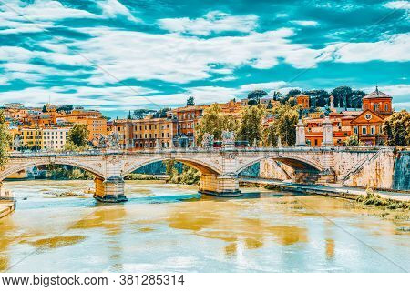 Sant'angelo (eliev) Bridge ( Ponte Sant'angelo) In Centre Of Rome, Italy.