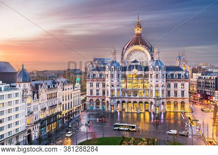 Antwerp, Belgium cityscape at Centraal Railway Station from night till dawn.