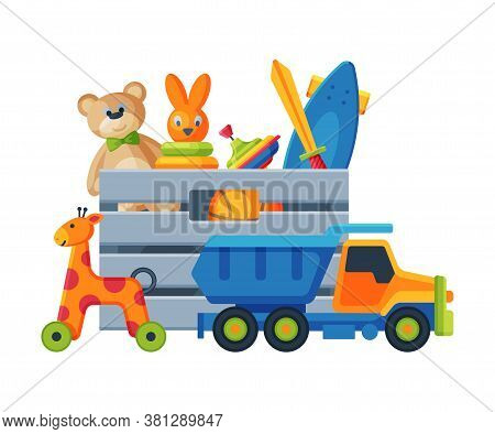 Box With Various Colorful Toys, Plastic Container With Truck, Teddy Bear, Scateboard, Pyramid, Giraf