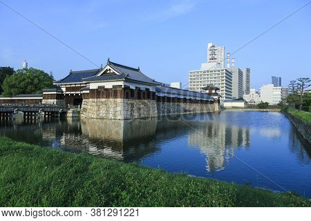 August 5, 2020, Hiroshima, Japan - A view of the entrance of Hiroshima castle and blue sky, in summer.