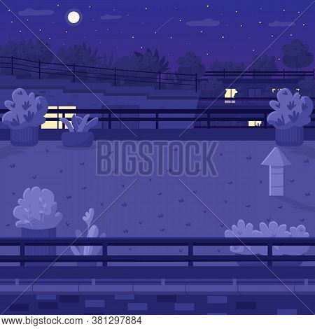 Nighttime Rooftop Flat Color Vector Illustration. Roof Terrace In Midnight In Downtown. Late Evening