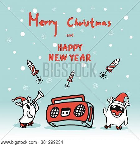 Greeting Christmas And New Year Card With Cute Doodle Characters And Tape Recorder On Background Of 