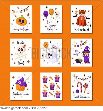 Halloween Cartoon Greeting Card Or Nursery Poster Set - Pumpkin Lantern, Kids In Carnival Costumes, 