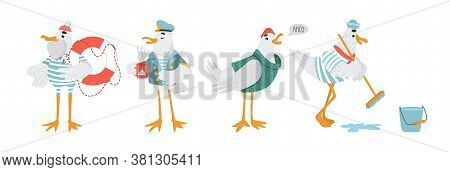 Set Of Cute Seagull Characters In Sailor Clothes. Animals In Striped T-shirt, Captain Hat And Dixie.