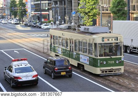 August 5, 2020, Hiroshima, Japan - A Hiroshima Streetcar (hiroden) Run-pass, Through Hondori Street.