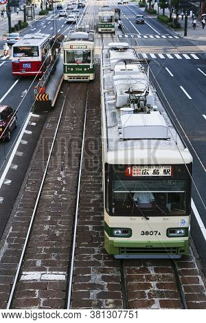 August 5, 2020, Hiroshima, Japan - Hiroshima Streetcars (hiroden) Run-pass, Through Hondori Street.