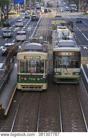 August 5, 2020, Hiroshima, Japan - Hiroshima Streetcars (hiroden) Run-pass, Through Hondori Street.