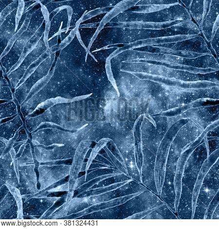 Exotic Seamless Pattern. Blue Galaxy Background. Fashion Hand Drawn Texture. Exotic Seamless Pattern
