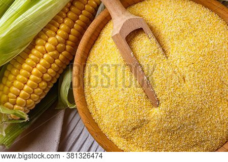 Polenta Corn Porridge On White Wooden Rustic Background