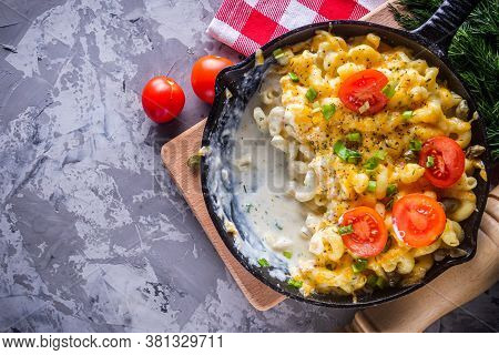 Delicious Pasta And Cheese Casserole In A Cast Iron Skillet