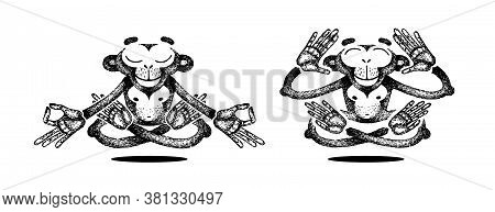 Two Monkeys Meditating, Levitates And Sits In Lotus Position, Practice Yoga. Vector Hand Made Illust