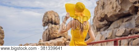 Traveler Woman Joy Fun Relaxing On Wood Bridge Looking Beautiful Destination Island. Tourism Natural