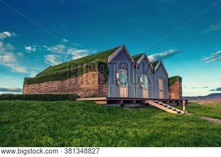 Traditional Ancient Icelandic Turf Houses In The Northern Iceland, Travel Background