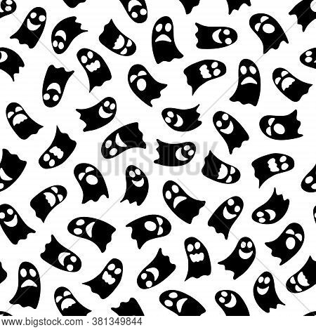 Cute Cartoon Ghosts Seamless Pattern. Hand Drawn Black Spirits On White Background For Halloween Dec