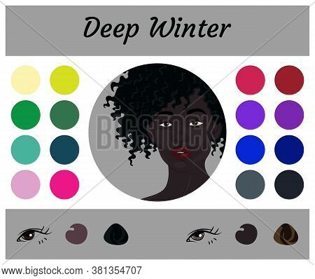 Stock Vector Seasonal Color Analysis Palette For Deep Winter. Best Colors For Deep Winter Type Of Fe