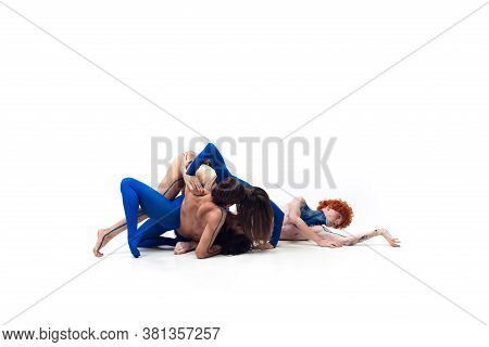 Line. Group Of Modern Dancers, Art Contemp Dance, Blue And White Combination Of Emotions. Flexibilit