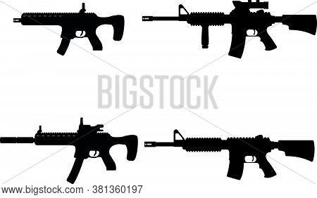 Set Of Submachine Military Gun And Rifle, Icon Self Defence Automatic Weapon Concept Black Simple Ve